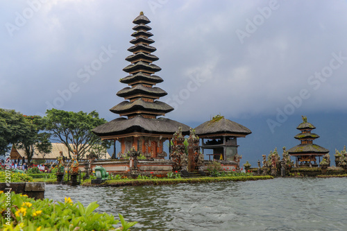 Temple in Bali Indonesia next to a mountain lake. Pura Ulun Danu Bratan, Bali. Hindu temple on Bratan lake.