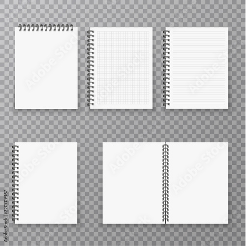 Blank open and closed realistic notebook collection, organizer and diary vector template isolated. Paper page organizer and notebook set illustration.
