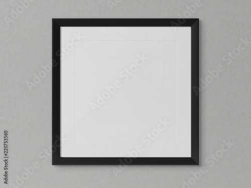 Black squared frame hanging on a white wall mockup 3D rendering