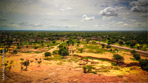 Aerial Panoramic landscape view to sahel and oasis at Dogondoutchi, Niger