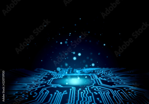 Abstract technology concept. Glitter floating bokeh dusty circle on glowing blue computer circuit motherboard background