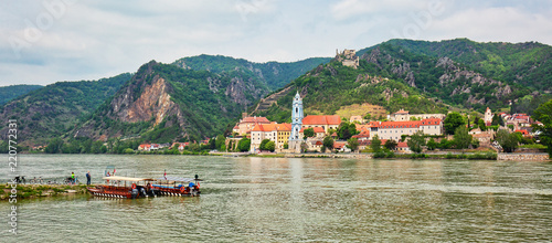 DUERNSTEIN, AUSTRIA - May 5th, 2018: Town of Duernstein by the river Danube in Wachau valley, popular travel destination in Austria