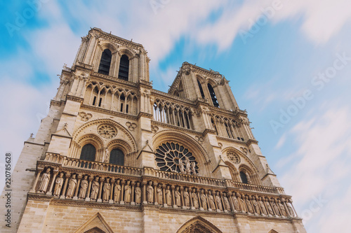 Notre Dame de Paris, amazing medieval cathedral church, one of the most famous tourist attraction in France, long exposure shot