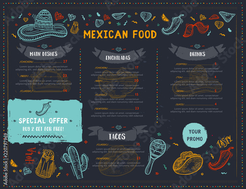 Mexican Food Restaurant menu, template design with sketch icons of Chili pepper, sombrero, tacos, nacho, burrito.Chalkboard Food flyer for promotion, site banner