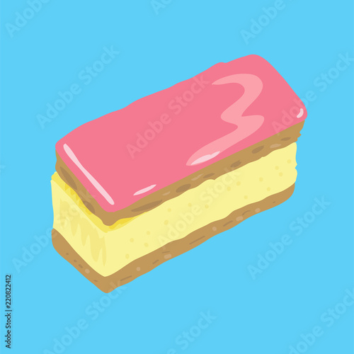 Dutch pastry, called Tompouce or Tompoes, with puff pastry, custard and pink icing. Light blue background.