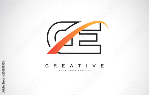 CE C E Swoosh Letter Logo Design with Modern Yellow Swoosh Curved Lines.