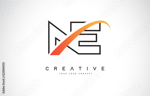 NE N E Swoosh Letter Logo Design with Modern Yellow Swoosh Curved Lines.