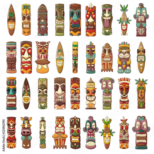 Tiki idols icon set. Cartoon set of tiki idols vector icons for web design