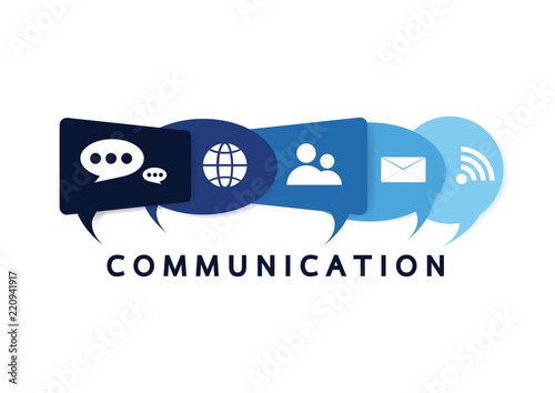 Vector illustration of a communication concept. The word communication with colorful dialog speech bubbles