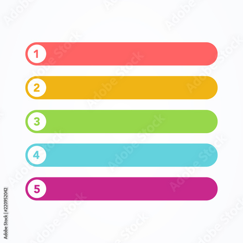 Vector Illustration set of different flat line colorful modern style buttons on white background. One Two Three Four Five steps, progress or ranking banners with colorful tags.