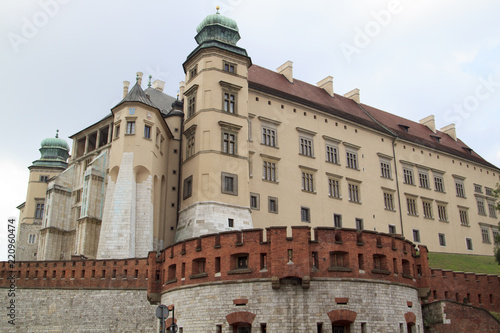 Close up view of historical royal castle building on Wawel hill in Krakow, Poland.