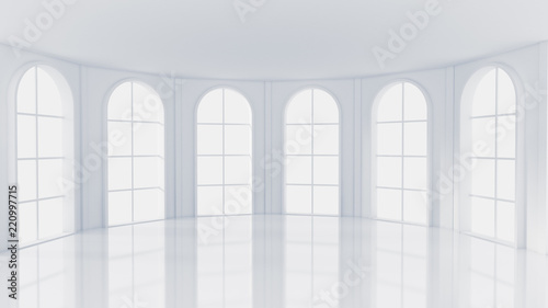 White empty interior, white room with windows, background. 3d illustration, 3d rendering.