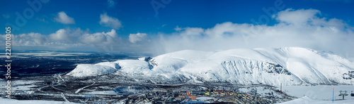 The Khibiny mountains. Panorama of the Northern slope of the mountains of Aikuaivenchorr. View of the city Kirovsk