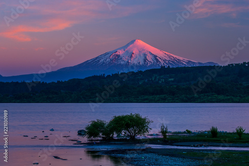 scenic view of Villarrica Volcano in Chile patagonia sunset