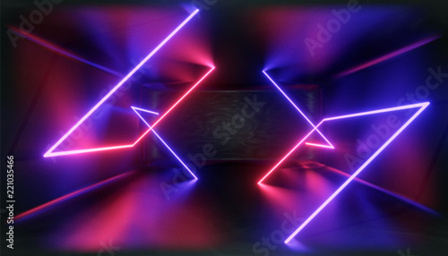 3d Visualization. Geometric figure in neon light against a dark tunnel. Laser glow.