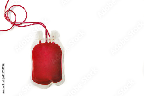 Clean bag of human blood isolated on white background. Blood donation blood transfusion concept.