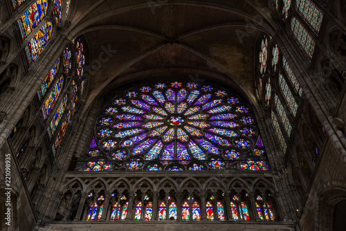 Stained glass in the Basilica of Saint-Denis on the outskirts of Paris, France