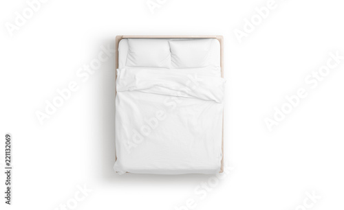 Blank white bed mock up, top view isolated, 3d rendering. Empty blanket and pillows mockup in bedstead. Doss with mattress and bedsheet in place for sleep template. Bedclothes with pilows and duvet.