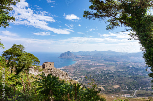 Very nice, colorful view from Erice (mountain town near trapani, Sicily, Italy) on a sunny day during the holidays