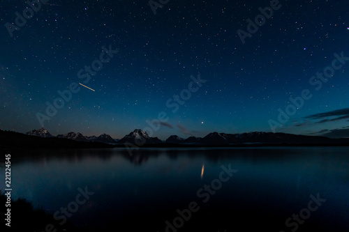 Airplane Light and Stars Over Jackson Lake