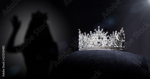 Diamond Silver Crown for Miss Pageant Beauty queen Contest, Crystal Tiara jewelry decorated gems stone and abstract dark background on black velvet fabric cloth, Macro photography copy space