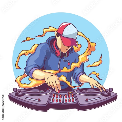 Cool disc jockey with headphone mixing music