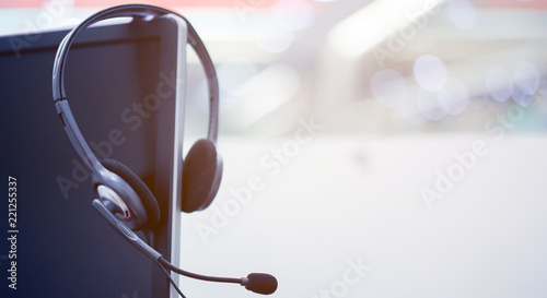 close up headset earphone for call center occupation concept.