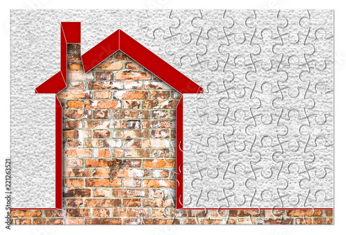 Buildings energy efficiency concept image - 3D render home thermally insulated with polystyrene walls - concept in jigsaw puzzle shape