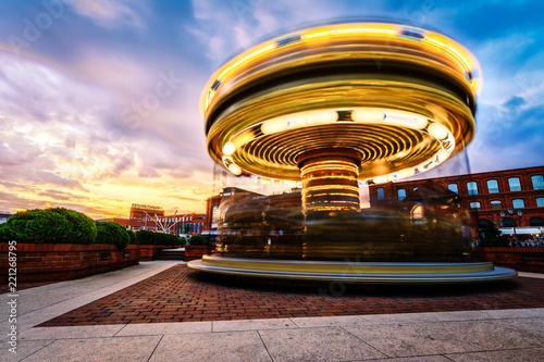 Wonderful Carousel in Motion in Sunset Time, situated in Manufaktura Lodz - Poland
