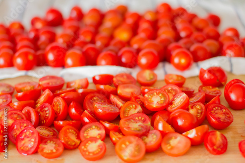 Cherry tomatoes on the kitchen table.