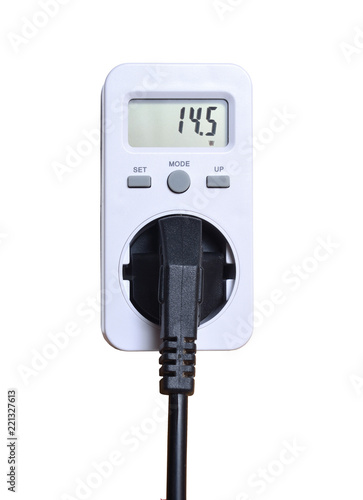 White Wattmeter with AC power plugs and sockets Isolated on whi