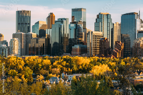 Wide angle view of Downtown Calgary in Autumn