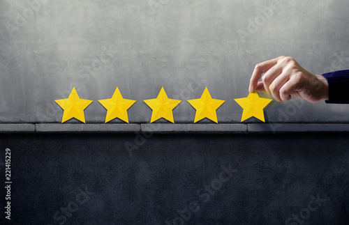 Customer Experience Concept. Best Excellent Services for Satisfaction present by Hand of Happy Client giving Five Star Rating