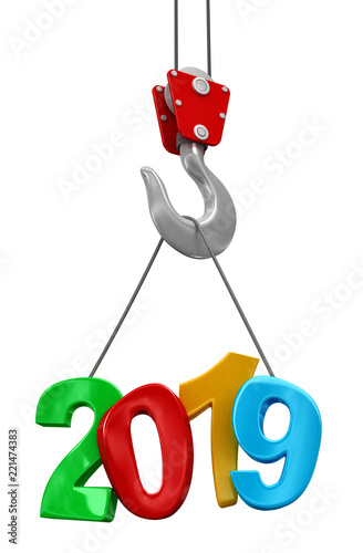 2019 on crane hook. Image with clipping path.
