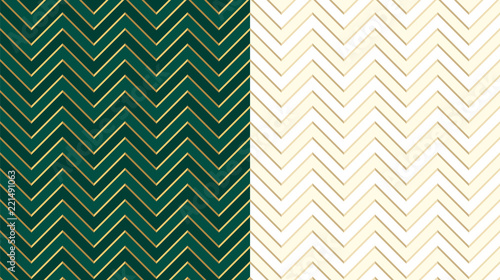 Chevron zig zag emerald (dark green) seamless pattern with golden lines. Cute ivory background in light halftone. Herringbone vector backdrop. Gold festive stripes. Sharp and jagged waves. Luxury VIP