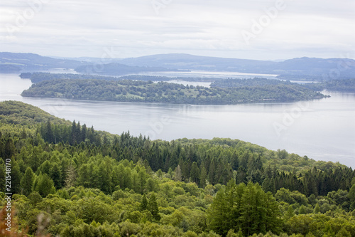 Looking down on the wooded island of Inchlonaig in Loch Lomond from the slopes of Beinn Uird, Loch Lomond and The Trossachs National Park, Scotland, UK.