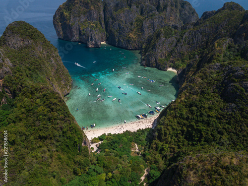 Maya Bay Tropical Beach in Thailand. Aerial View
