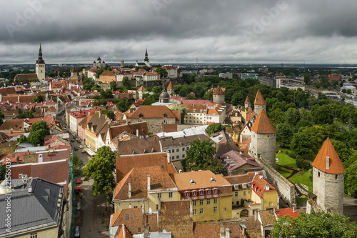 Breathtaking aerial view of the medieval towers and the old town of Tallinn, Estonia, from the top of the St. Olav's Church bell tower