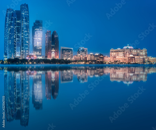 View of Abu Dhabi Skyline at evening time, UAE