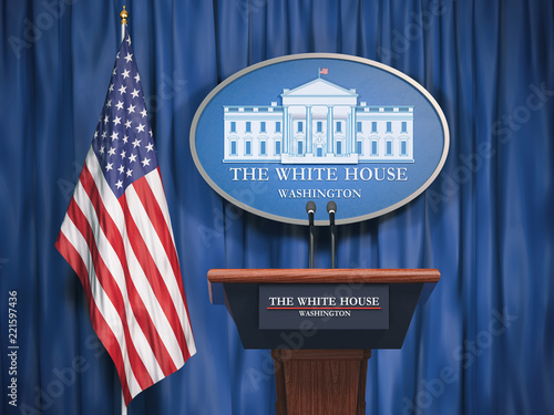 Politics of White House and President of USA United states concept. Podium speaker tribune with USA flags and sign of White House