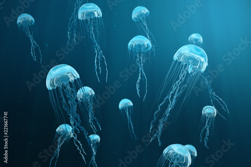 3D illustration background of jellyfish. Jellyfish swims in the ocean sea, light passes through the water, creating the effect of volume-rays. Dangerous blue jellyfish