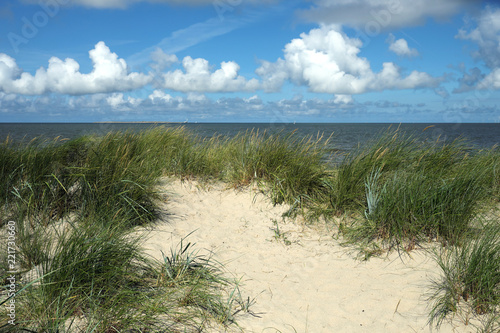 Grasdüne und blauer Himmel und weiße Wolken an der Nordsee - Stockfoto
