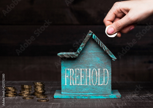 Wooden house model with coins next to it and hand