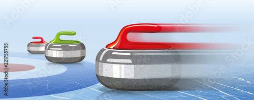 Stones for curling sport game. Ice. Rink. Textures blue ice. Winter background. Banner. Vector illustration, eps 10