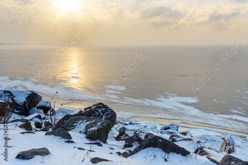 View of frozen Gulf of Finland in wiinter. Saint Petersburg, Russia