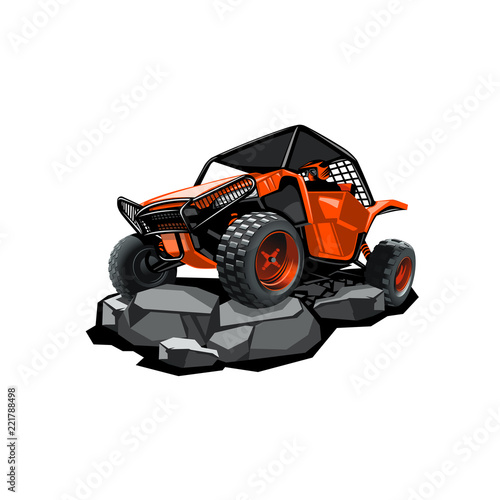 Off-Road ATV Buggy, rides in the mountains on the rocks. Red color.