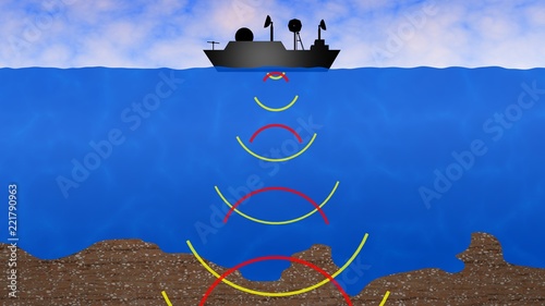 Ship on sea sending, receiving sonar signals. 3d rendering