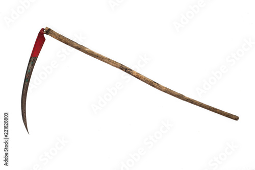 rusted metal scythe isolated on a white background