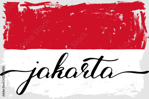 Jakarta Indonesia indonesian flag grunge painted handwriting. There are true colors of the flag