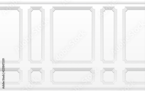 White wall with moulding frames. Classic interior with moulding panels. Seamless vector background. Architecture moulding background, interior with plaster decoration wall illustration